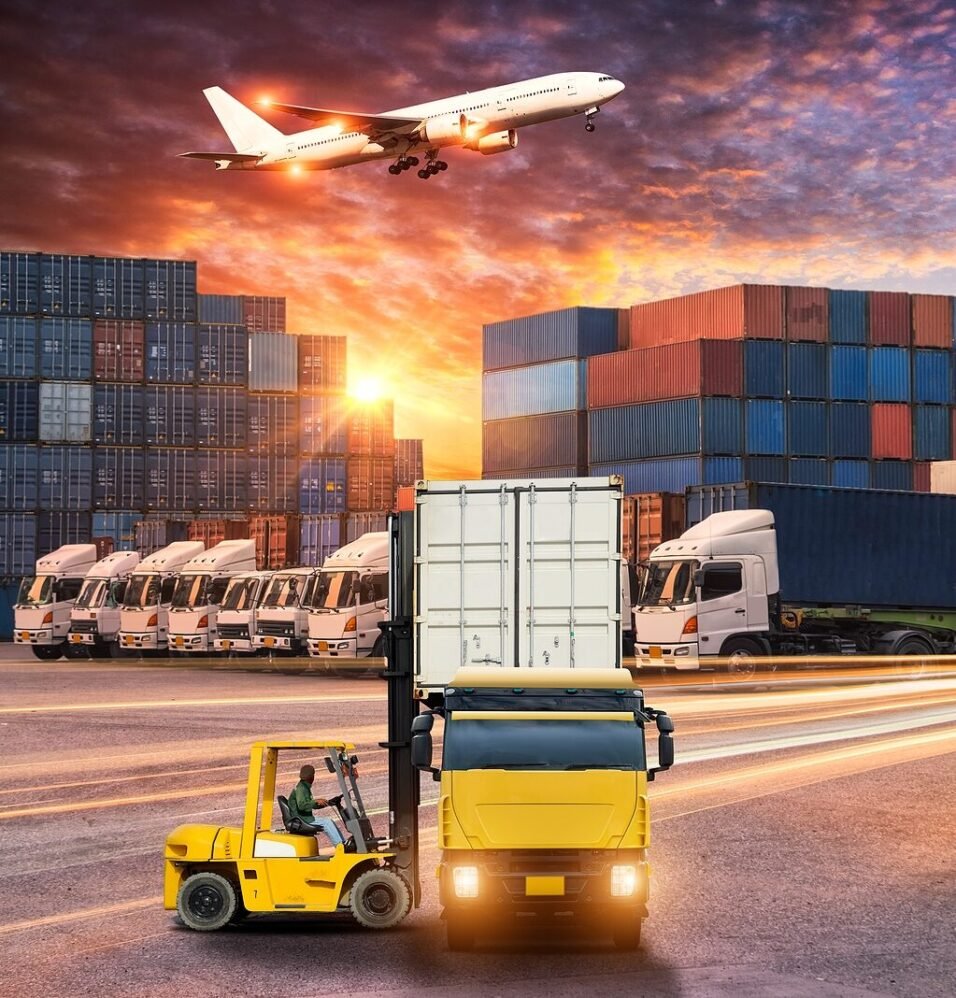 Cargo trucks, containers, and airplane at a busy port for shipping logistics.