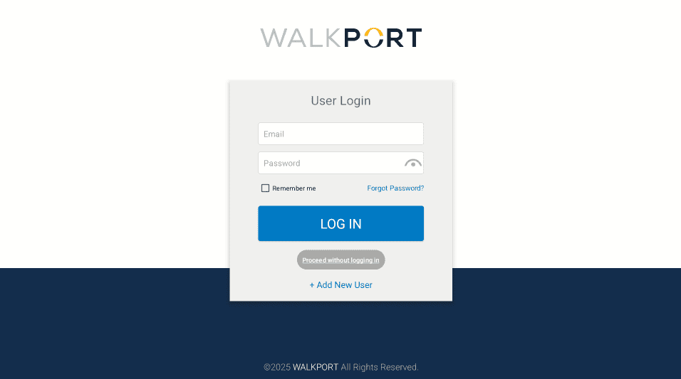 WalkPort app login interface with email and password fields.