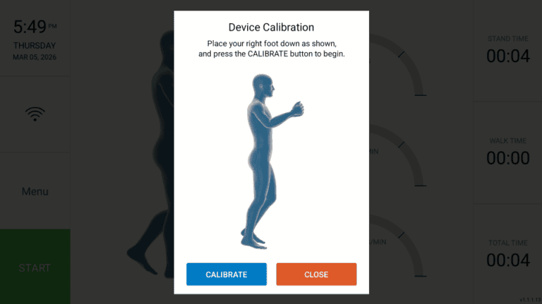 Calibration screen showing a person placing their right foot down.