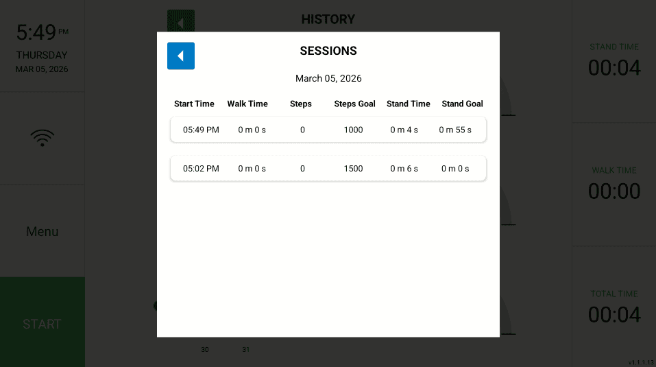 WalkPort walking session interface showing start time, steps, and goals.