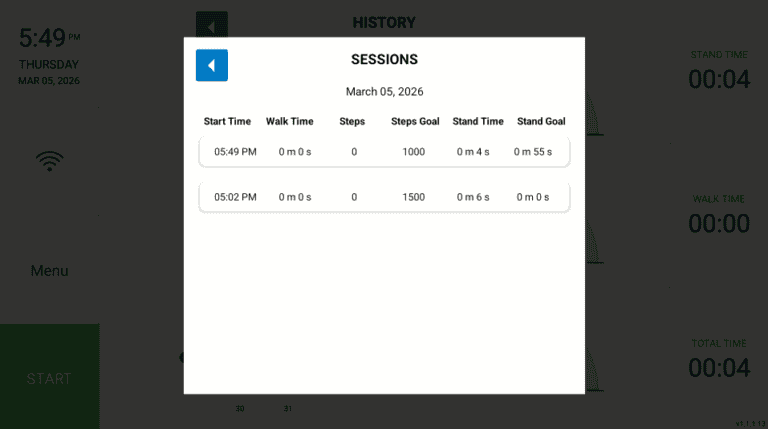 WalkPort app screen showing walking sessions with step counts and goals.