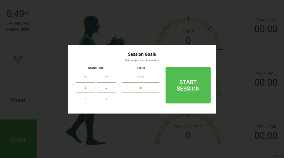 WalkPort fitness app interface showing session goals and start button.