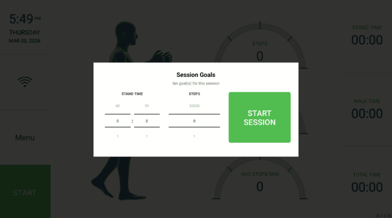 WalkPort fitness app session screen with start button and step tracking.