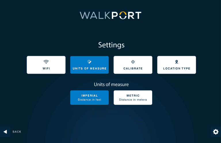 WalkPort facility app settings screen with units of measure