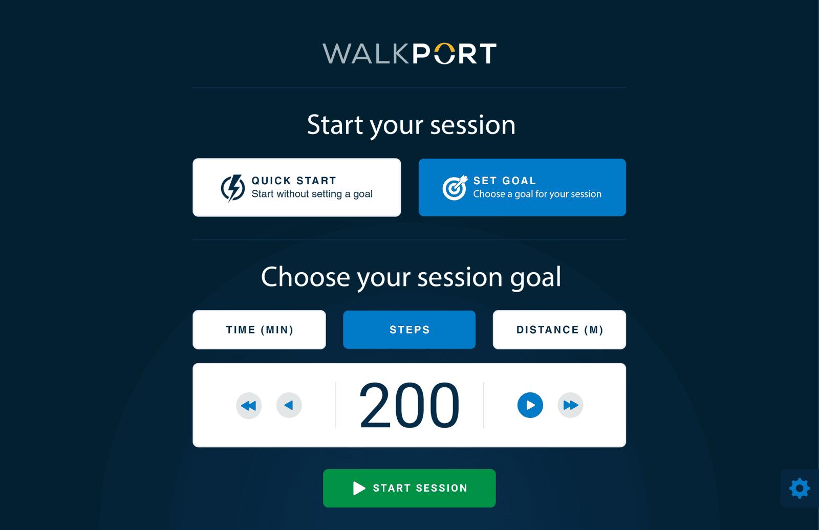 WalkPort facility app screen to choose a session goal