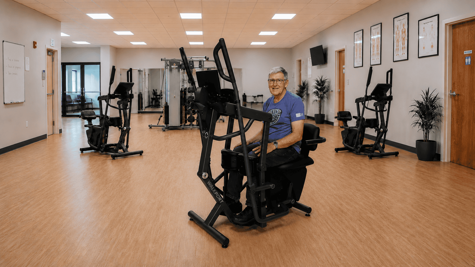 Supported walk station for gait training in a rehab facility with a patient using the device.